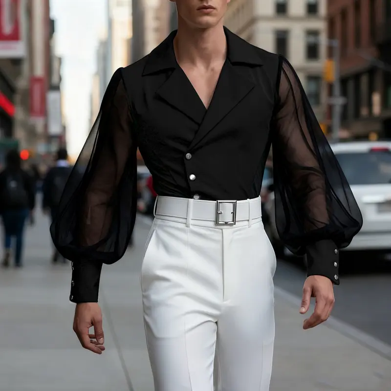 INCERUN Men Button Puff Long Sleeve Mesh Sheer Patchwork Casual Party Club Blouse Shirt Tops