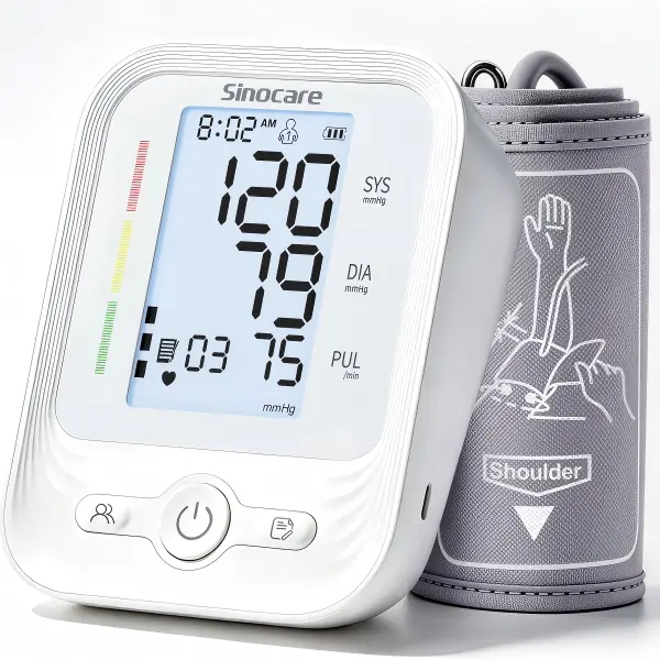 Sinocare Upper Arm Blood Pressure Device, Accurate Healthcare Monitor with 3-Color Display, 8.6"-16.5" Adjustable Cuff, 1-Button Operation, Dual User Mode (120 Memories Each), Plastic Build for Adults & Youth Heart Health sohochic