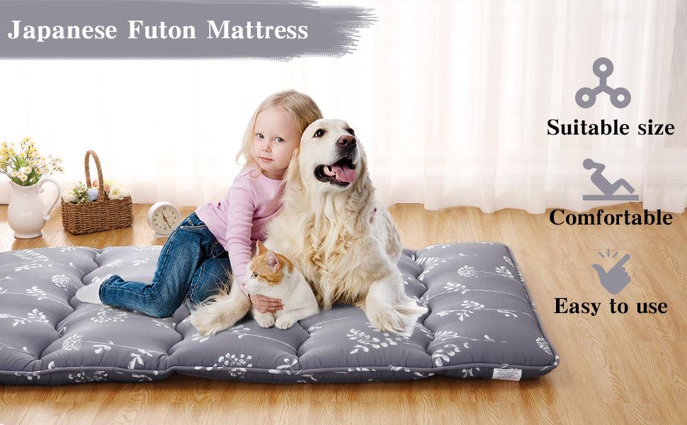 【GARVEE】Japanese Futon Mattress with Floral Pattern, Available in Full and Twin Sizes, Ideal for Use as Floor Mattress, Tatami Mat, or Comfortable Sleeping Pad for Camping and Travel