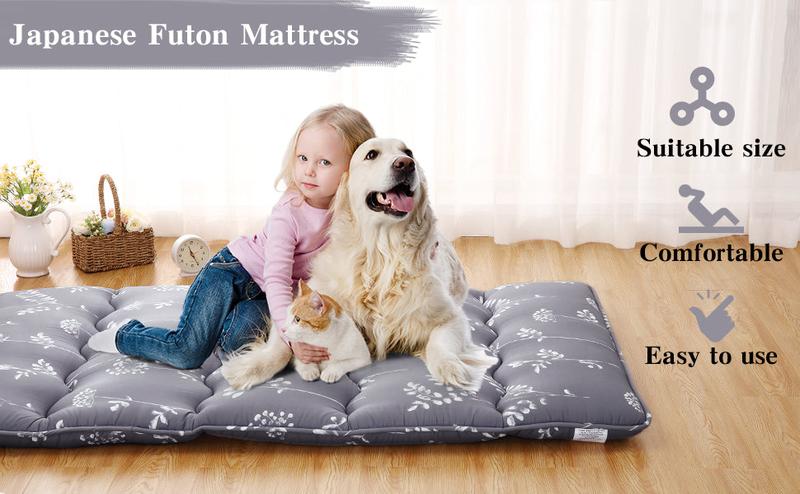 【GARVEE】Japanese Futon Mattress with Floral Pattern, Available in Full and Twin Sizes, Ideal for Use as Floor Mattress, Tatami Mat, or Comfortable Sleeping Pad for Camping and Travel
