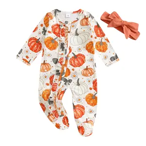 Newborn Baby Girl Boy Halloween Pumpkin Print Pajamas Footie Romper Long Sleeve Zipper  Jumpsuit Sleeper