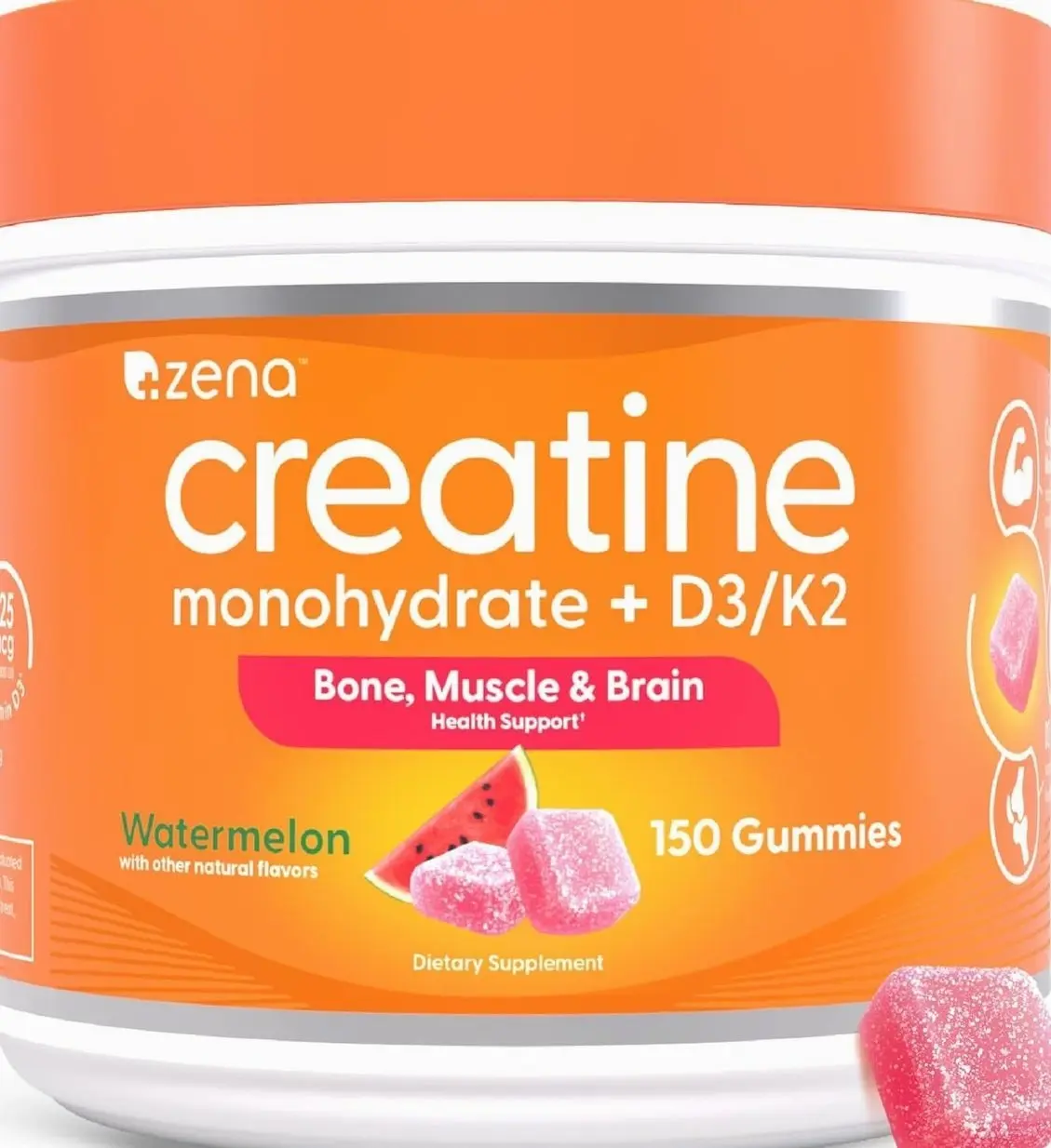 Zena Nutrition Creatine Gummies with D3 & K2, Creatine Monohydrate for Men and Women, Supports Bone, Muscle, & Cognitive Health, Gummy Workout Supplement, Watermelon Flavor, 150ct, 30 Daily Servings