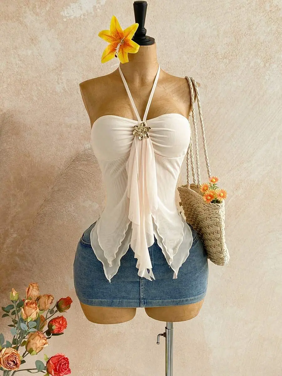 Women's Asymmetrical Hem Vest With Seashell Decor, Suitable For Beach Vacation, Summer,Summer Top,No Breast Pads