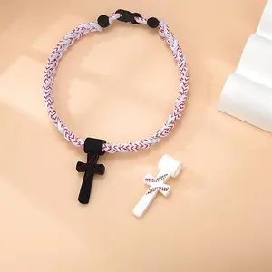 Youth Baseball Braided Necklace with 2Pcs Interchangeable Cross Charms, 14.37" Soft Silicone Philippians 4:13 I Can Do All Things Sports Rope Chain, Softbball Jewelry Gift for Boys Girls Teens Men
