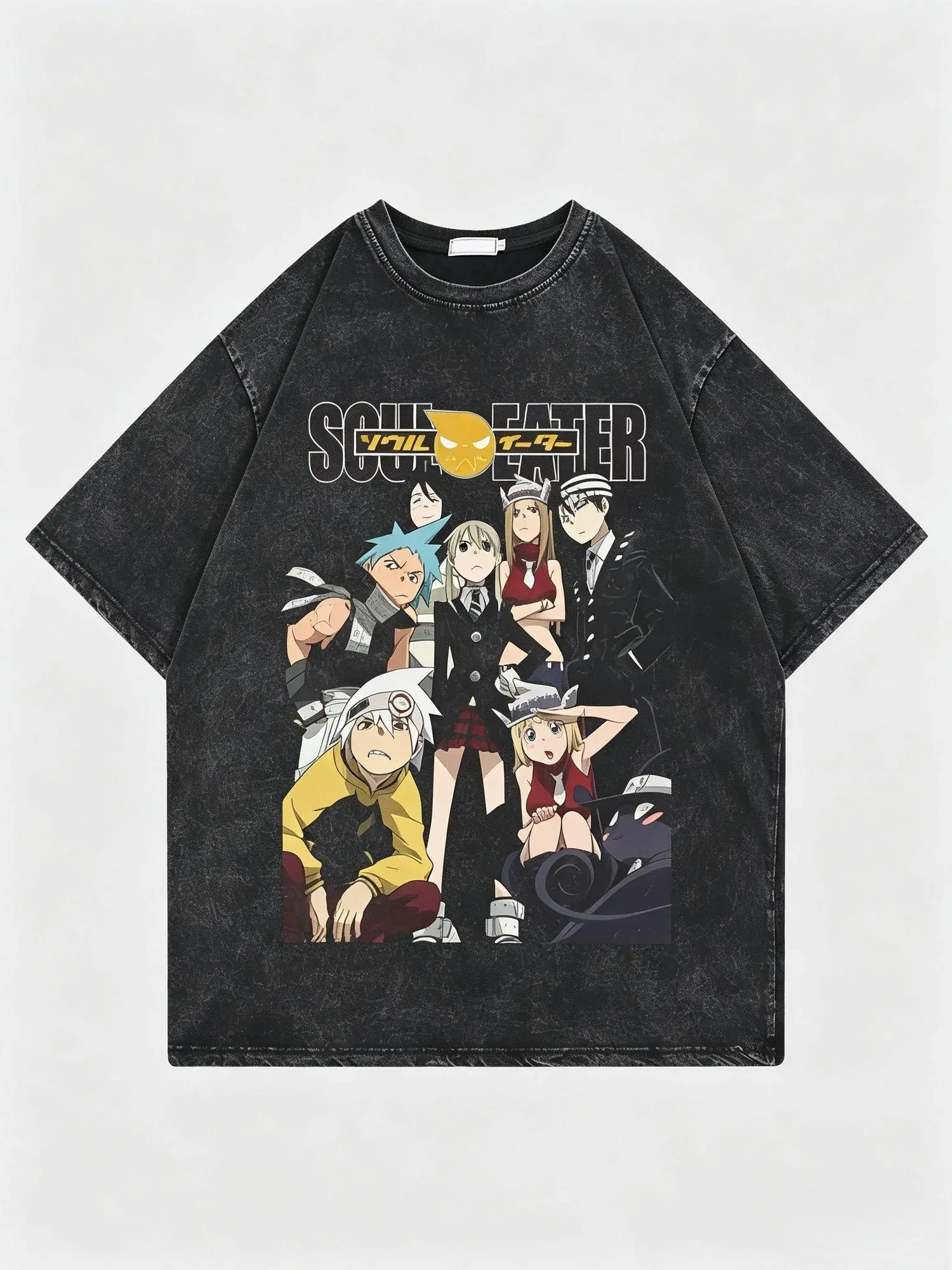 Unisex Graphic T-Shirt with Vintage Soul Eater Print, Casual Oversized Fit in Acid Washed 100% Cotton, Short Sleeve Top for Retro Grunge Anime Style, up to 3XL, Pure Cotton, Streetwear, Garment