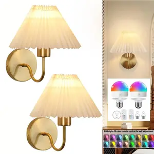 Set of 2 Vintage Wireless Rechargeable Wall Lamps with RGB Bulbs, 16 Colors, Dimmer & Remote Control, Ideal for Bedroom and Living Room
