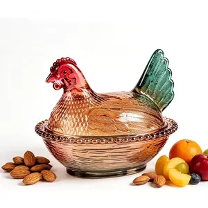 Vintage glass candy dish with lid featuring a hen on nest—chicken-shaped bowl/candle holder for home kitchen, Easter snacks and cookies (A)
