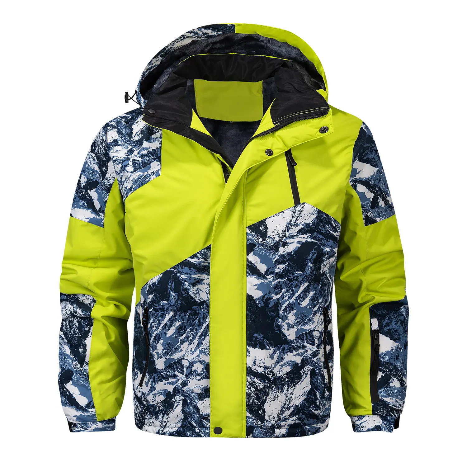 Men's Fleece Lined Hooded Ski Jacket, Color Block Mountain Print Winter Coat with Full Zip and Multiple Pockets for Snow Outdoor Wear