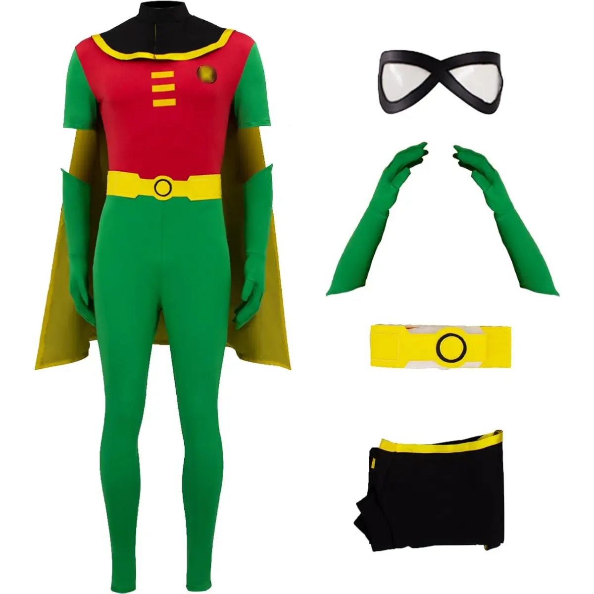 Men‘s Robin Cosplay Costume Jumpsuit with Cloak Gloves Belt Eye Mask Set