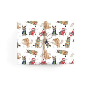 Holiday Cat Gift Wrap featuring cats in holiday outfits- this Cat Christmas Wrapping Paper makes for a fun cat lovers gift KQMPB88