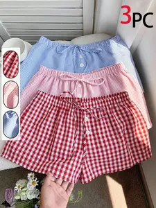 Women's Y2K Plaid and Striped Casual Shorts, Loose-Fitting, Button Detail, Versatile for Home and Sports, 3-Pack