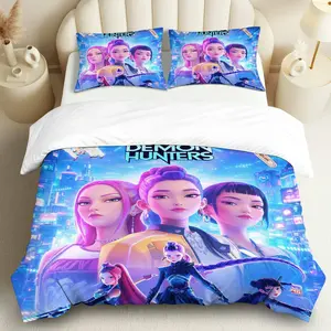 3PCS Duvet Cover Set, 1 Duvet+2 Pillowcases(Without filler), Futuristic Cityscape Anime Character Demon Hunter theme, Halloween bedding set, Fantasy Art Suitable for decoration Bedroom, Apartment, Dorm, Gaming Room.