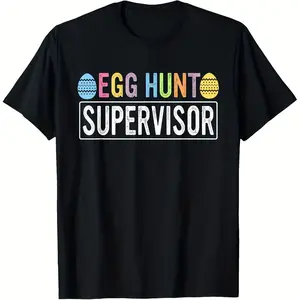 Men's Funny Easter Egg Hunt Supervisor T-Shirt - Family Matching Easter Party Outfit, Soft Breathable Quick-Dry Retro Graphic Tee for Egg Hunt Games, Gym, Outdoor & Casual Wear (S-3XL) - Black with Blue Egg Hunting