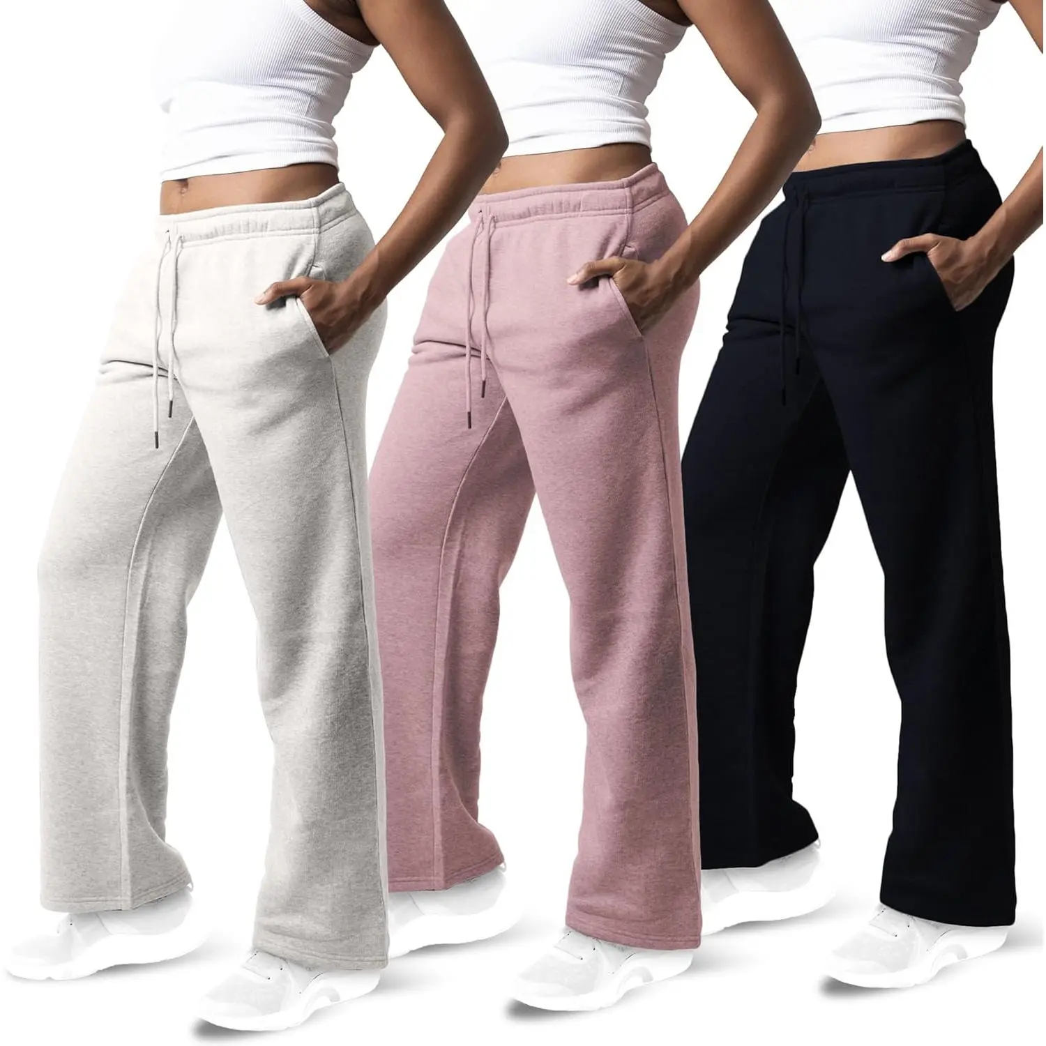 Women's 3-Pack High-Waisted Wide Flare Leg Breathable Full-Length Sporty Pants - Soft Plain Regular Fit Comfy Baggy Bottoms, Plus Size Pink Sweatpants, Grey Pants, Runner Outfit (2026 Available)