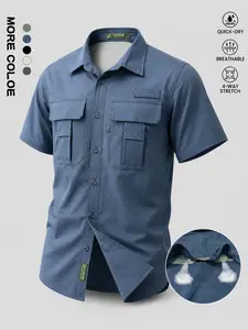 Men's Multi-Pocket Outdoor Shirt, Breathable Back Ventilation, Quick-Dry, Four-Way Stretch, Ideal for Hiking and Camping