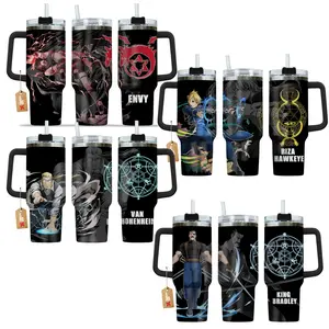 Evy, Riza, Van, King Bradley Fullmetal Alchemist Anime Manga 40oz Tumbler Stainless Steel with Straw, Lid and Handle - Double Wall Insulated Flasks – Perfect Gift for Fans