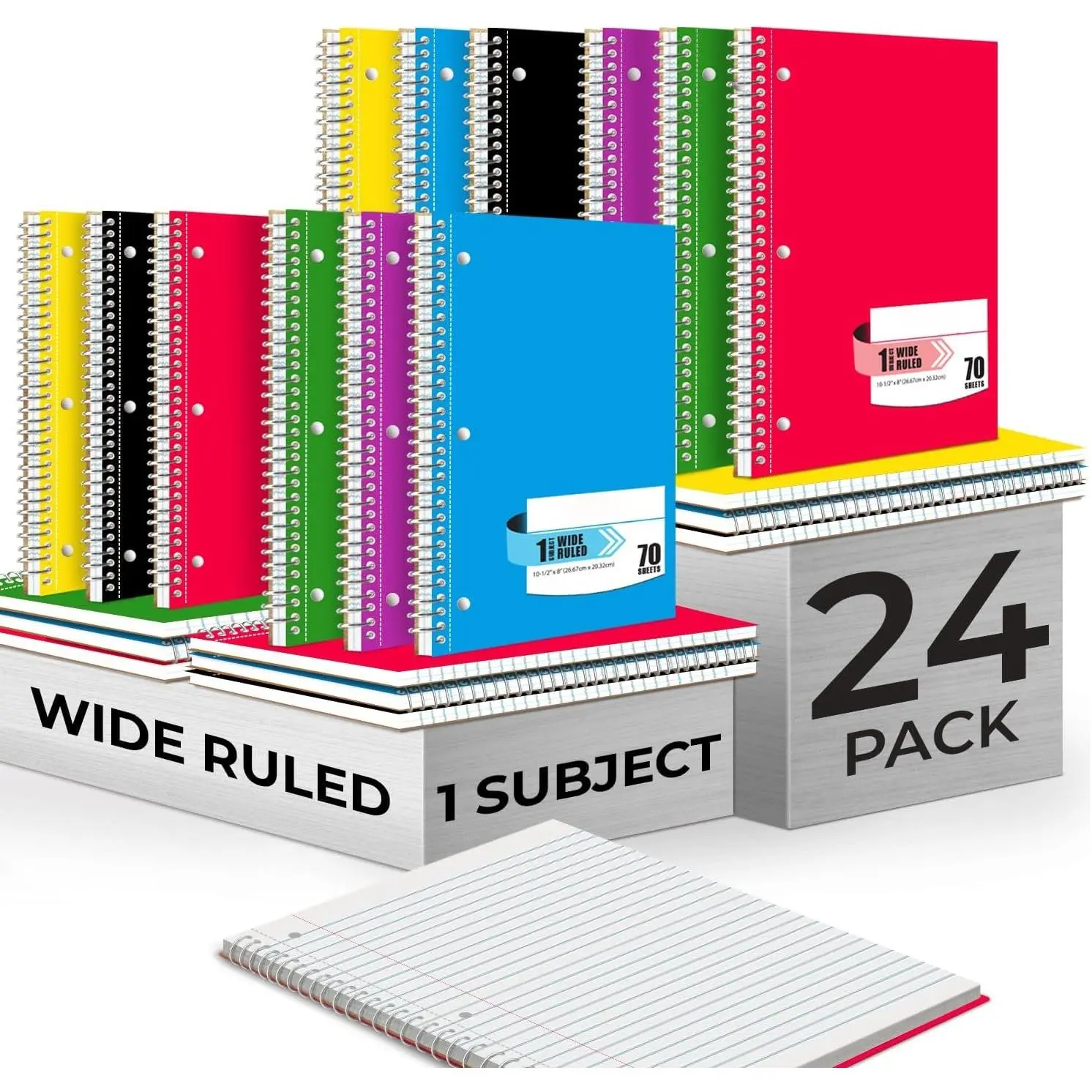 Spiral Notebooks, 24 Pack, 1 Subject Notebook, Wide Ruled, 70 Sheets, 8 ...