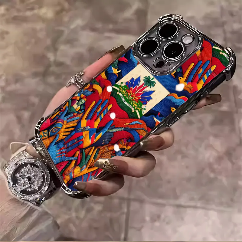 Haitian Flag pattern Vibrant abstract retro oil painting style Suitable for Aesthetic Electroplated TPU Casing For iphone 17 16 15 14 13 12 11 PRO PLUS MAX Samsung S26 Four Corners Anti-Fall Transparent Casual Soft Silicone Phone Cases  L1797
