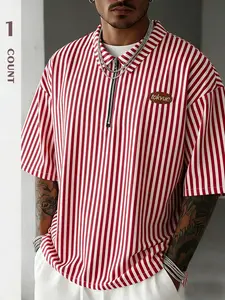 Men's Striped Graphic Polo Shirt, Front Zipper Collar, Loose Street Style Casual Top, Long Sleeve, Without Button, No Collar