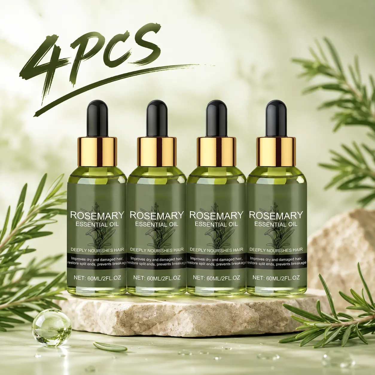 4PCS Rosemary Hair Oil – Nourishes Scalp, Strengthens Hair & Restores Natural Shine for Softer, Healthier Hair