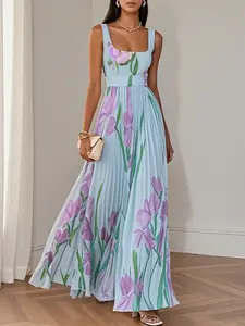 2026 European Women's Fashion Strappy Floral Long Dress, Pleated Print Maxi Dress, Elegant Summer Evening Gown, Trendy Ladies' Clothing