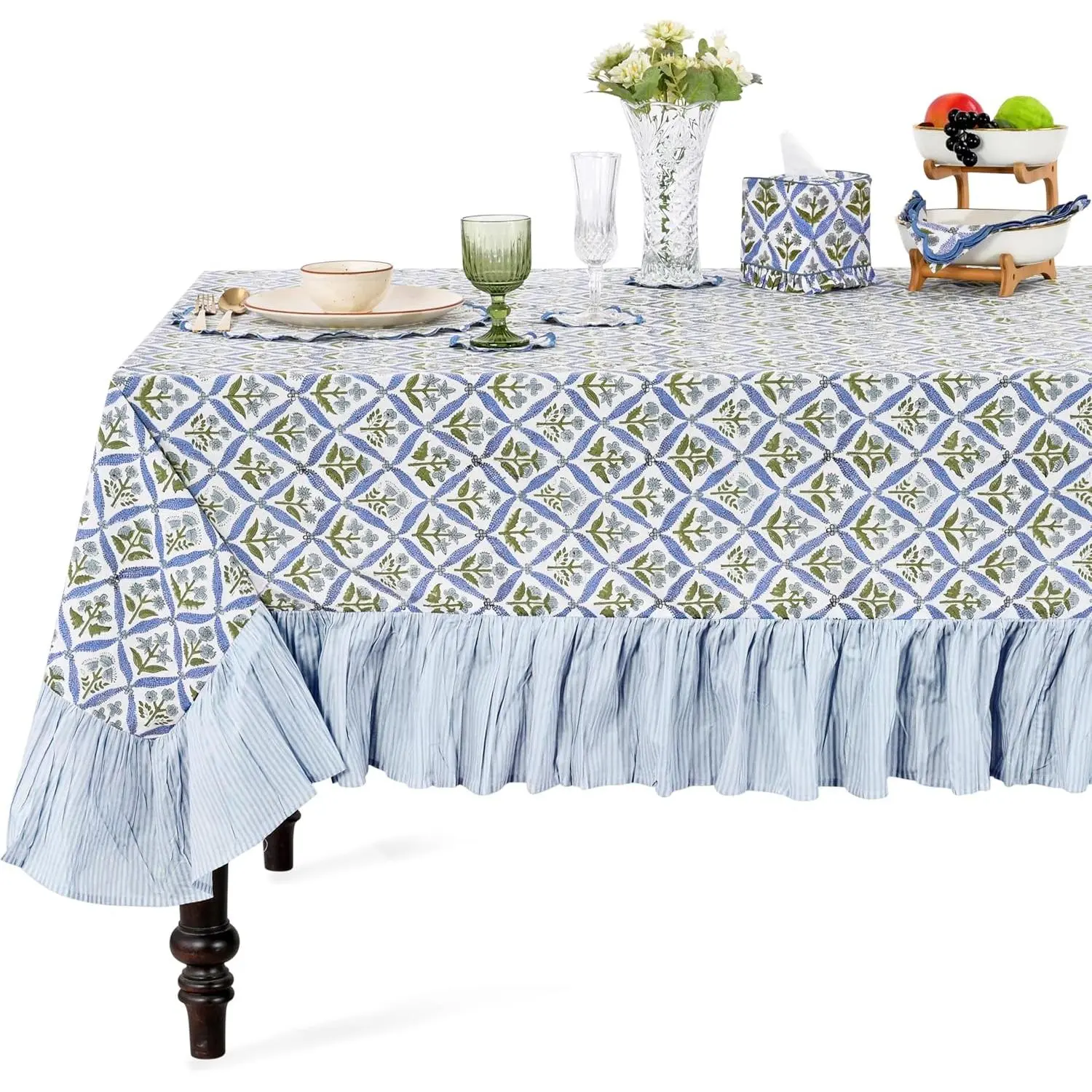 Ridhi Light Steel Blue Ruffle Block Print Square Tablecloth, 100% Cotton 60x60in Floral Cover, Elegant Vintage Shabby Chic Home Decor for Wedding, Farmhouse, Festival Gift