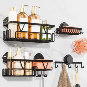 Shower Suction Cup, 4 Pack Suction Shower Shelf with Rack No Drilling, Removable Shower Organizer with & Soap Holder,-Saving (Black)