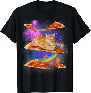 100% Cotton Funny Galaxy Cat In Space Cat Riding Pizza T-Shirt Menswear Top