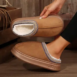 Women's Thick Bottom Slippers Fashion Suede Winter Mini Snow Boots Fleece-Lined Embroidered Trim Warm Indoor Outdoor Shoes