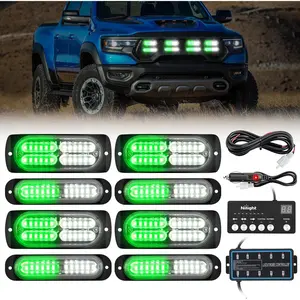 Nilight 8PCS Led Strobe Lights with Controller 12V 24V Sync Feature Green White Strobe Light 12 24 LED Surface Mount Hazard Warning Lights with Strobe Controller for Vehicle Car Truck RV ATV