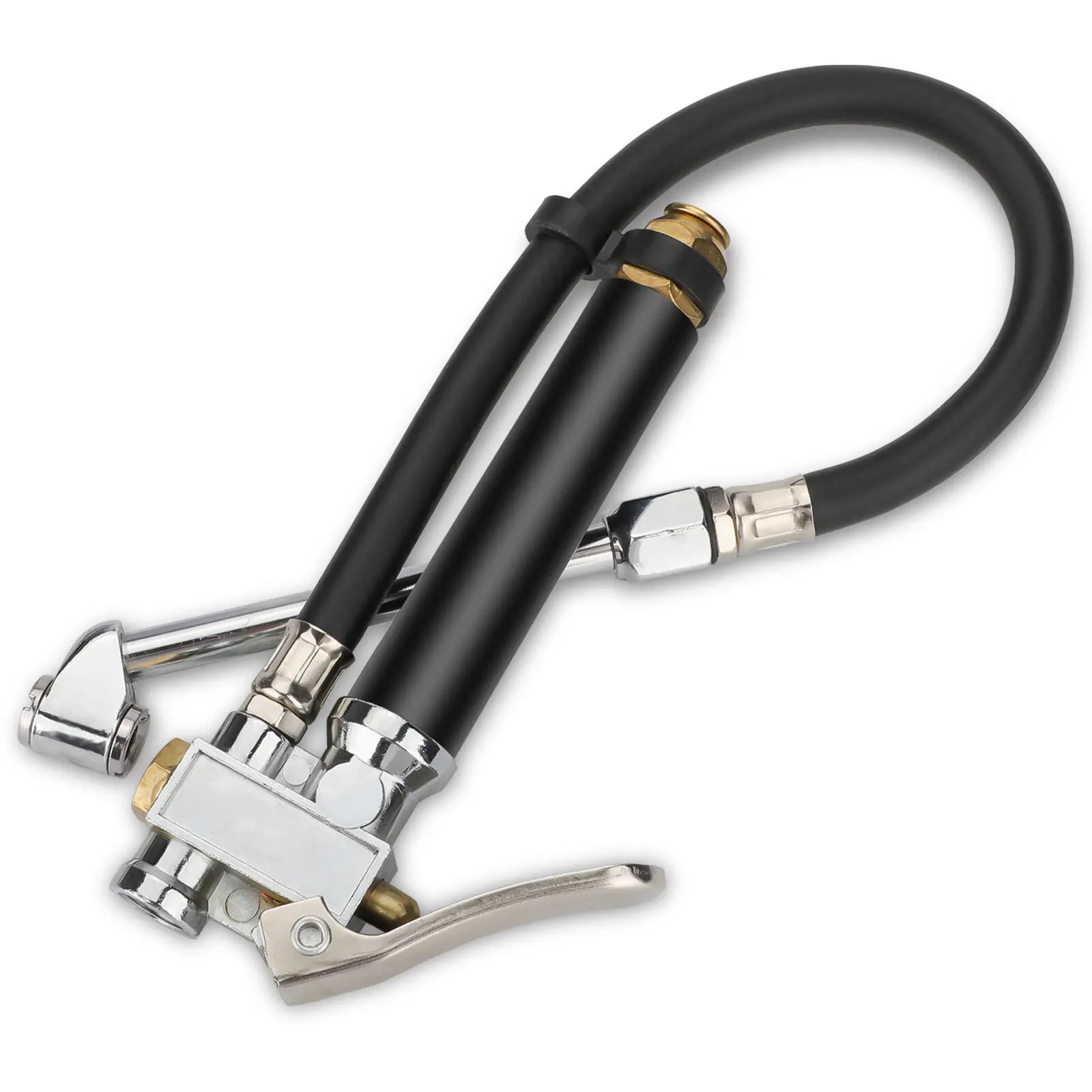Air Tire Inflator With Pressure Gauge Dual Head Chuck 12" Compressor Rubber Hose