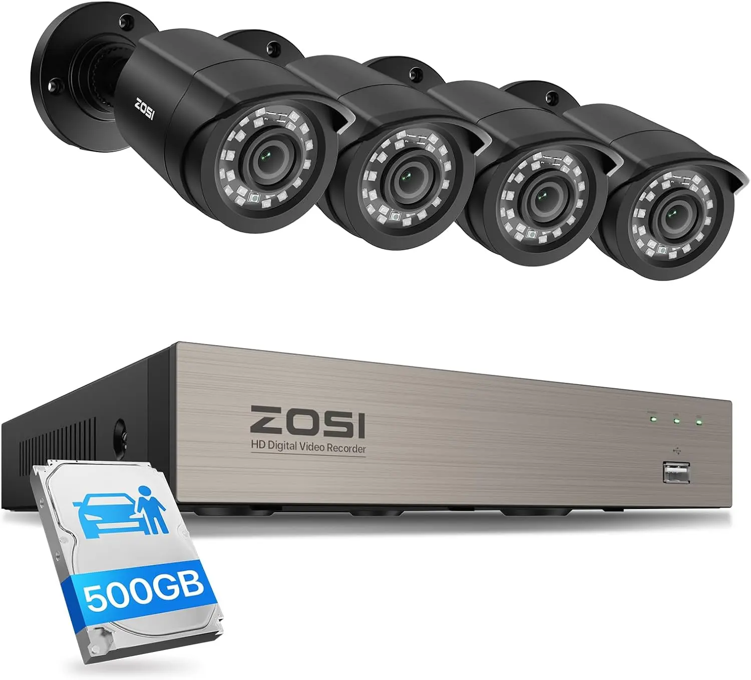 ZOSI 8CH 1080P Wired Home Security Camera System 4× 2MP Cameras, 500GB HDD, H.265+ Compression, Hardwired BNC Connectivity, AI Human/Vehicle Detection, Night Vision 80ft, Indoor/Outdoor, No Monthly Fees