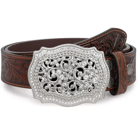 XZQTIVE Unisex Heavy-Duty Genuine Cowhide Western Leather Belt - Floral Engraved Tooled Strap, Embossed Scrollwork Buckle, Sturdy Secure Fit for Country Concert Enthusiasts