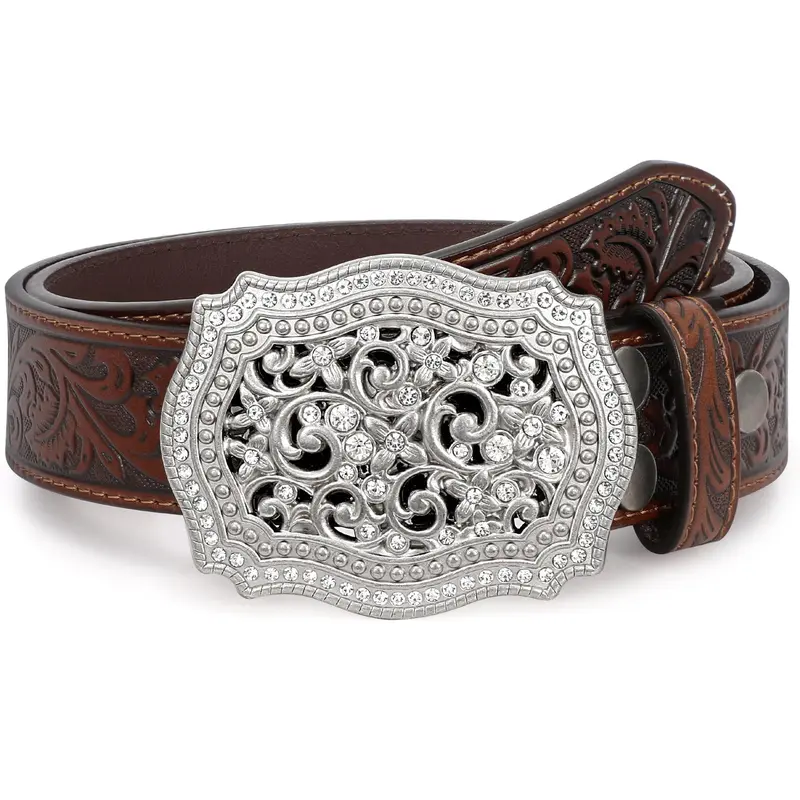 XZQTIVE Unisex Heavy-Duty Genuine Cowhide Western Leather Belt - Floral Engraved Tooled Strap, Embossed Scrollwork Buckle, Sturdy Secure Fit for Country Concert Enthusiasts
