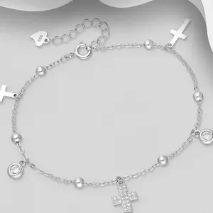 Sterling Silver Cross Charms Bracelet with Beads and Cross Charm