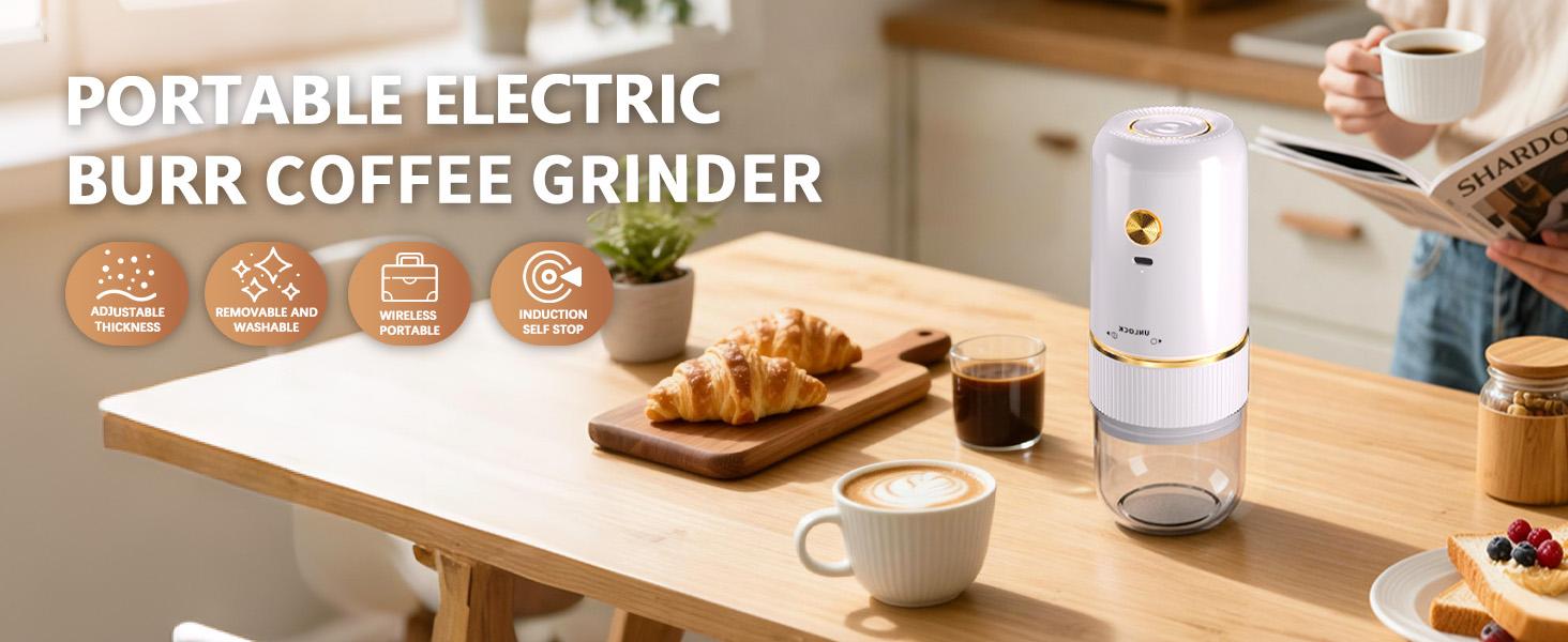 Portable Electric Coffee Grinder, Automatic Coffee Grinder with USB Type-C wireless charging design, Adjustable Coarse to Fine for coffee beans, grains, cleaning brush + cable Includes Portable Electric Coffee Grinder, Automatic Coffee Grinder with USB Type-C wireless charging design, Adjustable Coarse to Fine for coffee beans, grains, cleaning brush + cable Includes