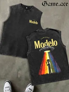 1 PCS Retro Washed Black Sleeveless Tank Top, Front Mini "Modelo" Print + Back Rainbow UFO Alien Graphic, Sci-Fi Streetwear Style, 100% Cotton Unisex Oversized Vest, Casual Hangouts, Great Gift for Sci-Fi Fans