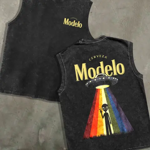1 PCS Retro Washed Black Sleeveless Tank Top, Front Mini "Modelo" Print + Back Rainbow UFO Alien Graphic, Sci-Fi Streetwear Style, 100% Cotton Unisex Oversized Vest, Casual Hangouts, Great Gift for Sci-Fi Fans