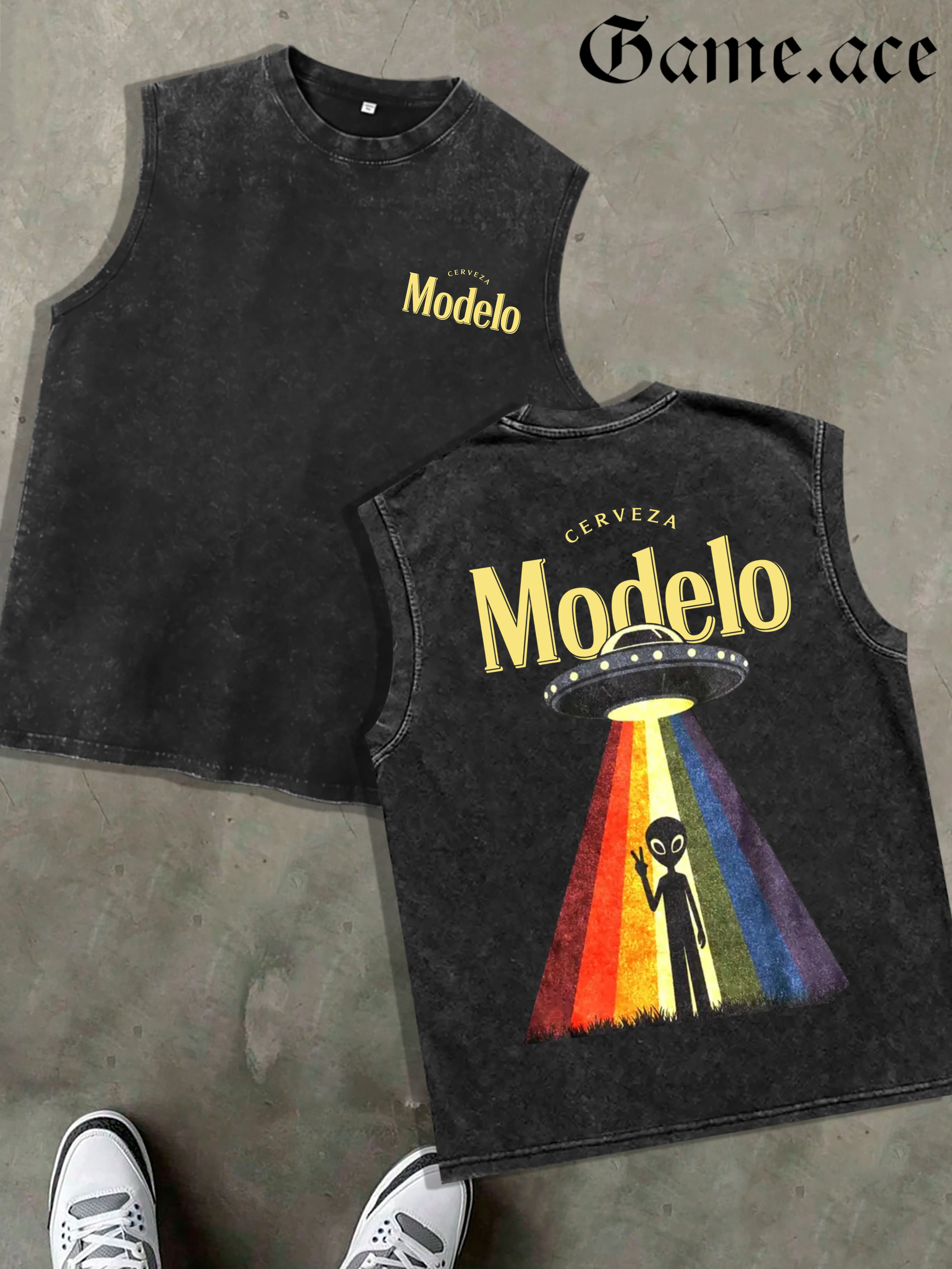 1 PCS Retro Washed Black Sleeveless Tank Top, Front Mini "Modelo" Print + Back Rainbow UFO Alien Graphic, Sci-Fi Streetwear Style, 100% Cotton Unisex Oversized Vest, Casual Hangouts, Great Gift for Sci-Fi Fans
