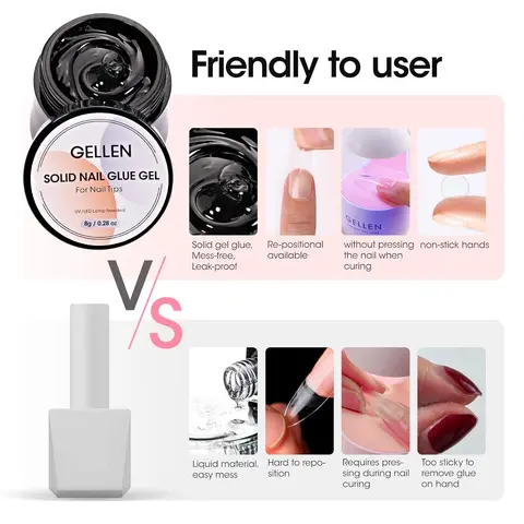 Gellen Original Solid Gel Nail Adhesives DIY Kit (8g) with Mini UV Light - Adjustable Repositionable Form, Long Wearing Strong Hold Glue for Press-On & False Nail Tips, Includes Buffer, Cure 60-90s
