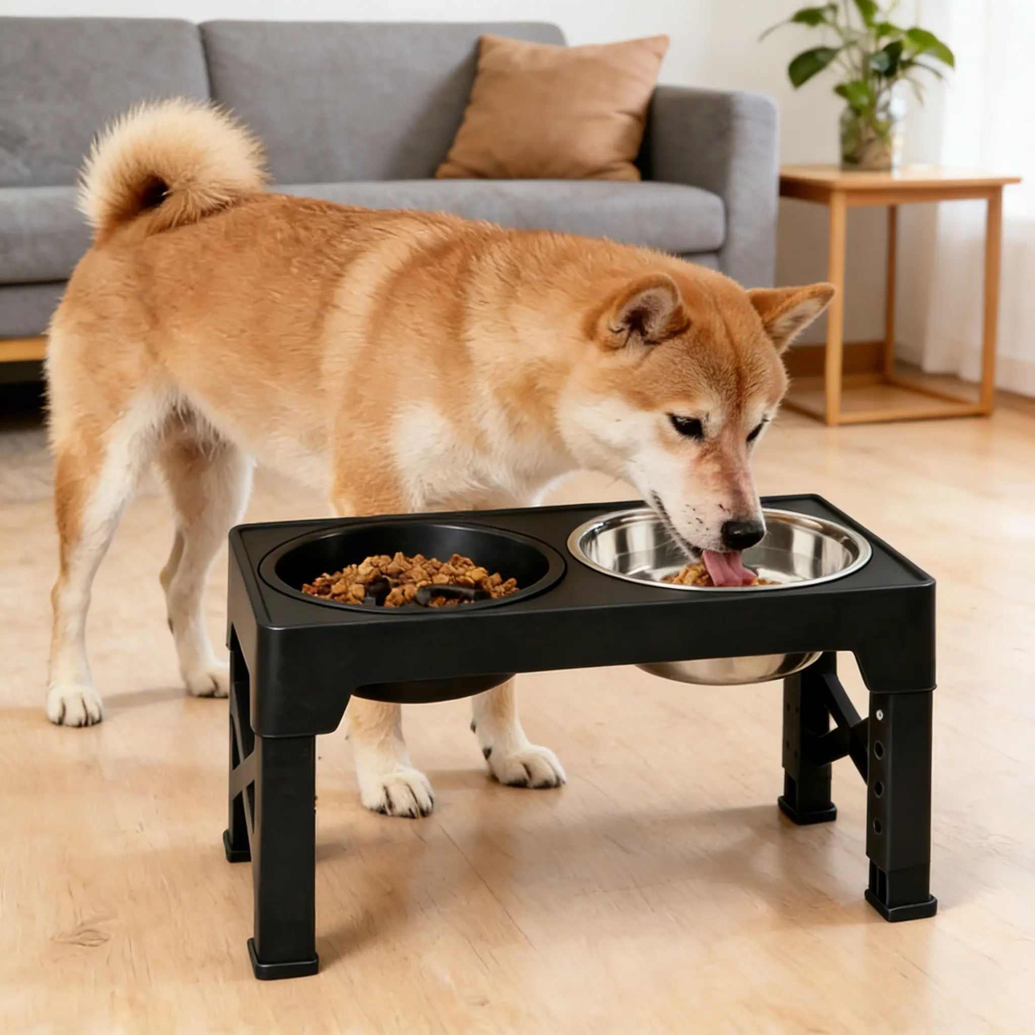 Adjustable Elevated Dog Bowl Set with Double Bowls, Raised Slow Feeder, Non-Slip Sturdy Stand, 5 Height Levels, Neck Protection, Anti-Slip Base, Storage Shelf, Chew-Resistant, for All Dog Breeds