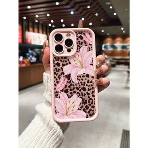 Cute Pink Lily Flower & Leopard Print Case for iPhone 17 Pro Max 16 16e 15 14 Plus 13 12 Mini 11 Air X XS Pattern Soft TPU Rubber Camera Protection Rugged Mobile Phone Cover Gift 2D printing Cellphone Protective Smartphone Silicone