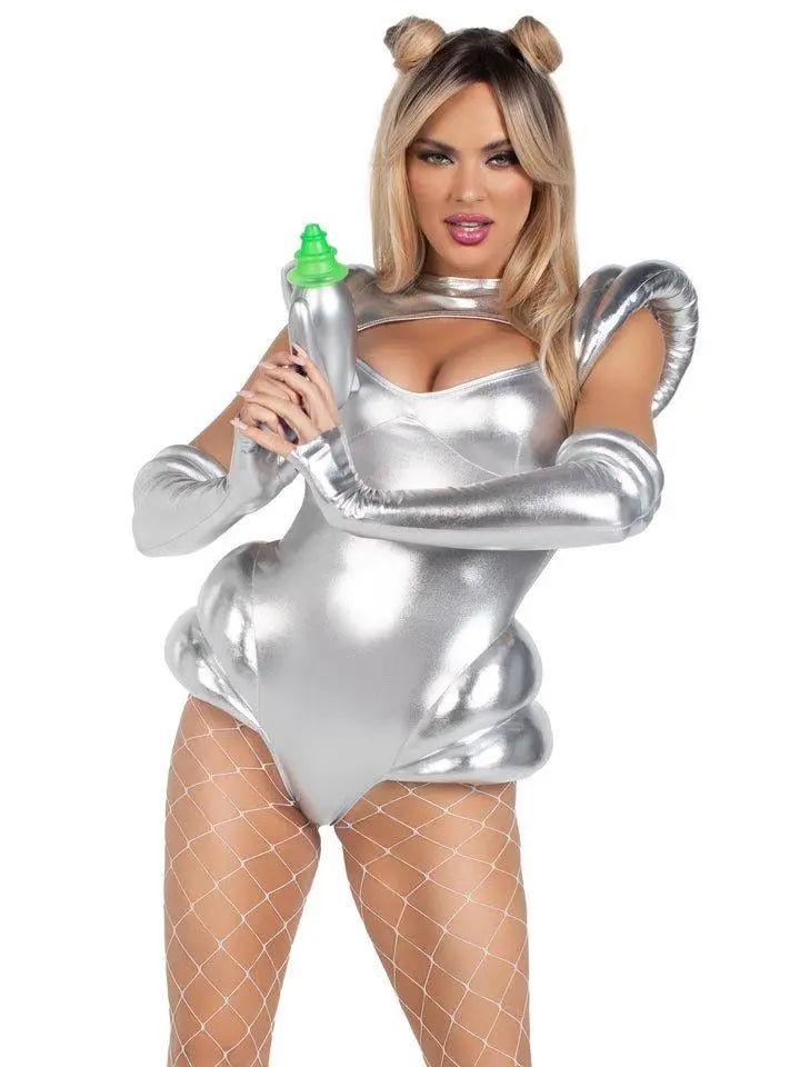 Space Babe Costume - Silver Futuristic Bodysuit & Matching Gloves for Halloween Parties & Space-Themed Events