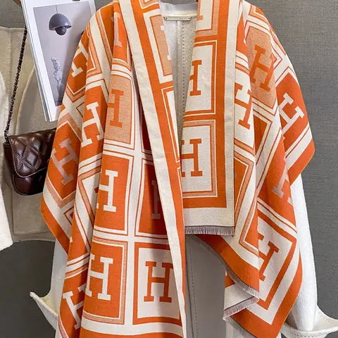 Women's H Letter Jacquard Scarf Shawl, Fall Winter Fashion Warm Accessory, Outdoor Travel Dating Decoration, Stylish Knit Wrap