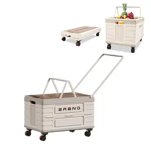 Collapsible 50L Capacity Rolling Crate Cart With Wooden Lid and Wheels - Foldable for Picnic, Sundries, Shopping, Office, Teacher