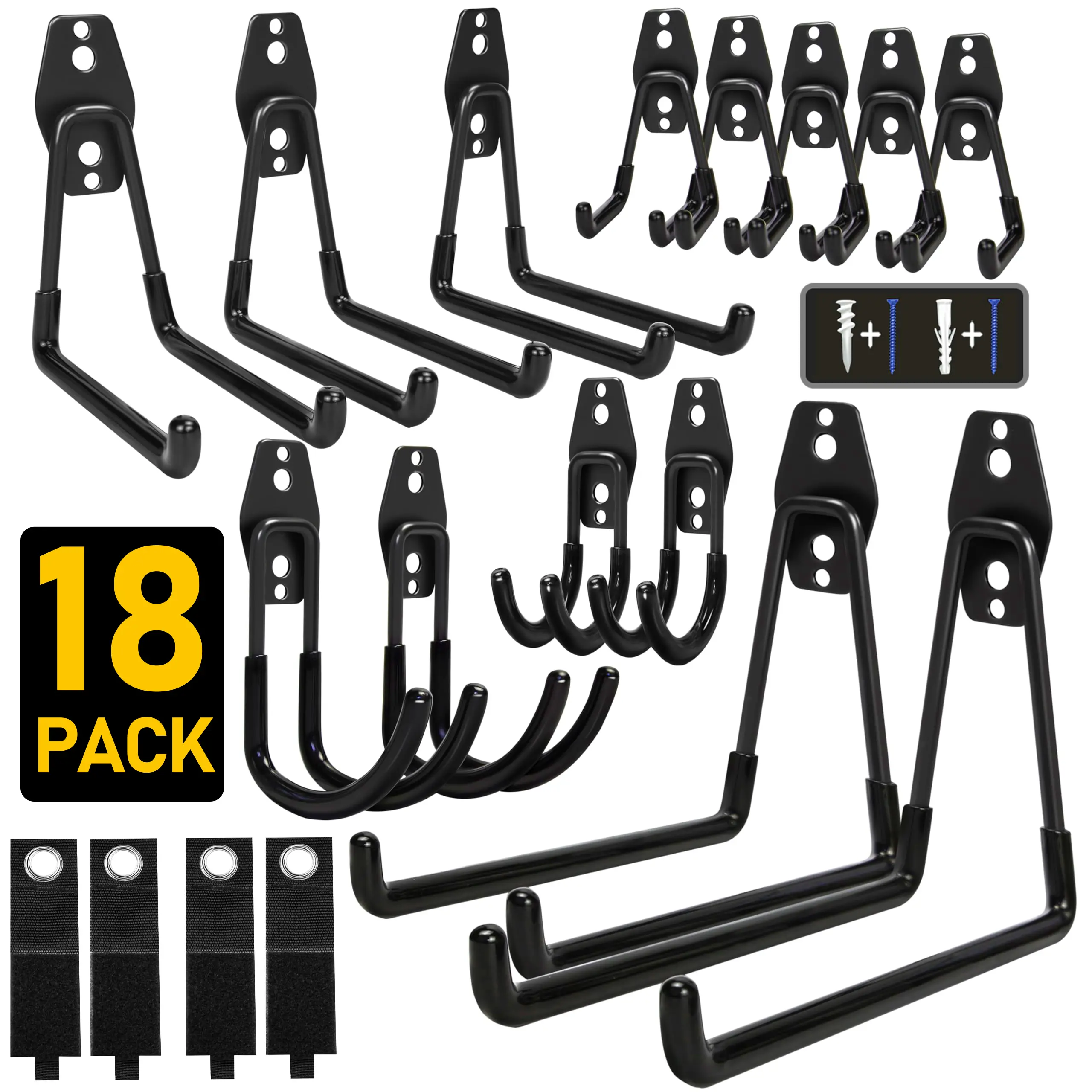 DARK DUCK 18-Pack Sturdy Metal Garage Hooks Set, Heavy Duty Wall Hanging Organizer with PVC-Coated Steel Arms & Extension Straps - 2 Large J-Hooks for Tools, Bikes (Black), Hook Up