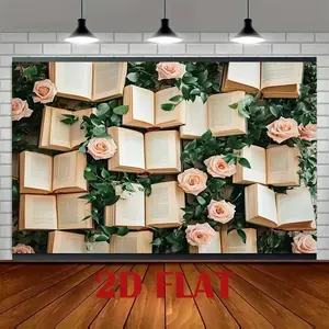 2D Flat, 1pc Vintage Literary Backdrop with Beige & Pink Roses & Open Books Design - Elegant 2D Flat Photography Background for Book-Themed Parties, Weddings, Libraries - Lightweight Durable Po