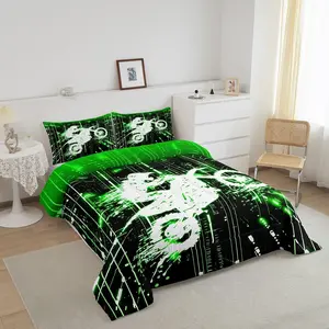 Feelyou Soft Microfiber Breathable Green Dirt Bike Comforter Set - Extreme Sports Theme, Motorcycle Pattern Luxury Bedding, Multi-Size Duvet Set for Motocross Racing Riders