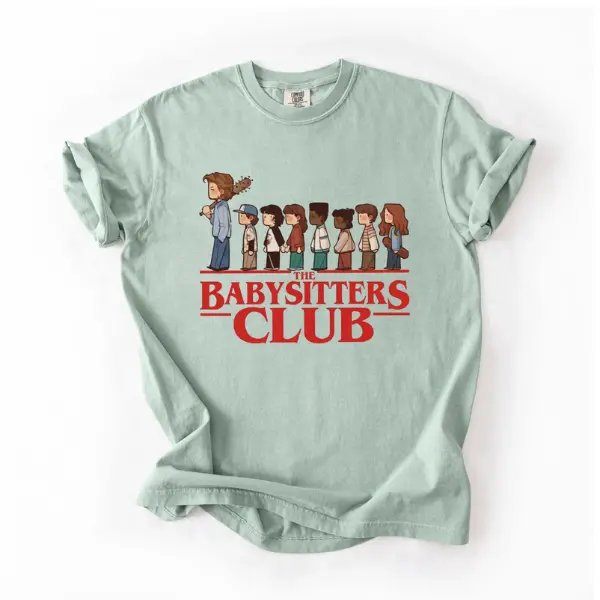 [SALE 60%] The Babysitters Club T-Shirt – Stranger Things Cartoon Character Graphic Tee, Sage Green Retro Style Fan Shirt
