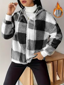 Women's Plush Warm Coat, Loose Casual Hooded Jacket with Drawstring Hat, Zipper Cardigan Style, Comfortable Winter Outerwear
